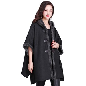 Stylish Hooded Knitted Cloak with Faux Fur Trim Open Front 3 Buttons Cape Casual Batwing Shawl for Dating Friends Gathering - Product Image 2