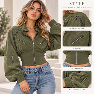 Custom <b>women</b> cropped suede jacket stand collar zip long sleeve elastic hem slim fitted vintage outerwear ladies streetwear <b>coat</b> - Product Image 2