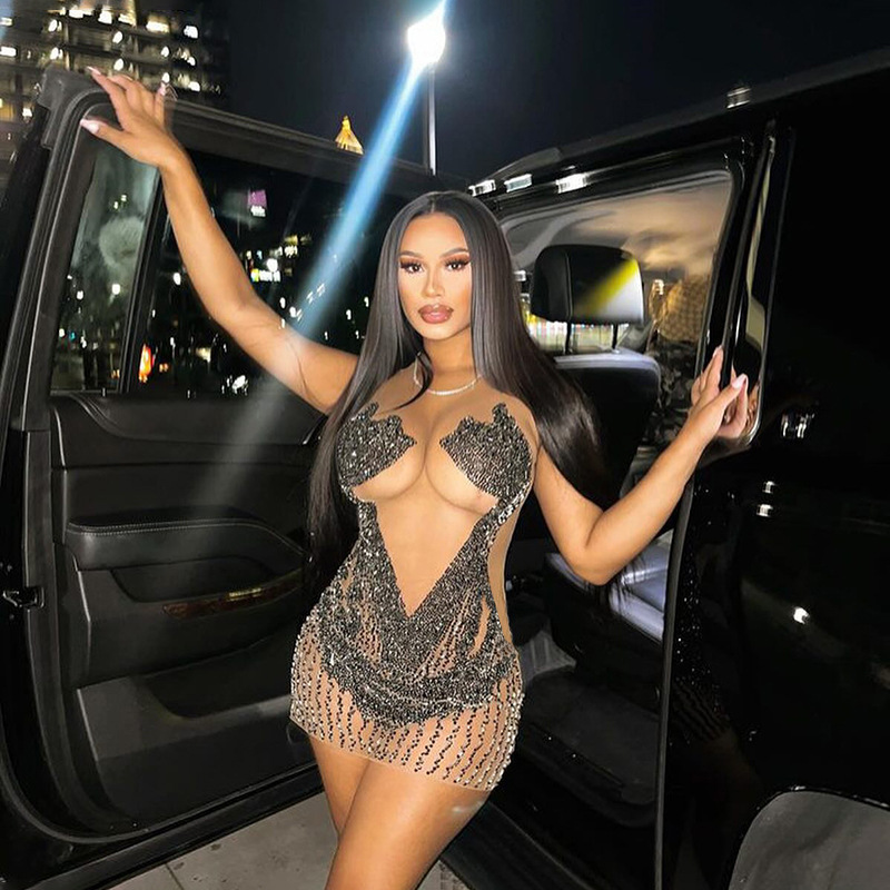 white christmas dresses Summer Standalone Night Club Style Sexy Diamond-See-Through Hip Irregular Dress Women M / Black