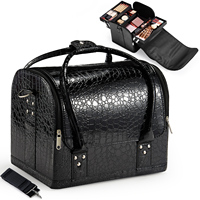 Boîte de rangement pour maquillage noire de grande capacité, valise à plusieurs étages avec fermeture à glissière, en cuir, pour le voyage et le rangement