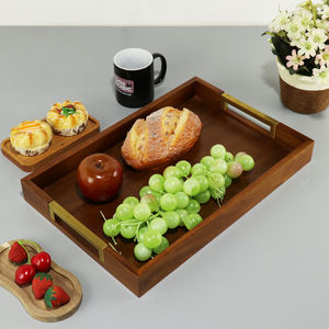 FSC & BSCIアカシア木製サービングトレイ金属ハンドル付きオットマントレイリビングルーム用コーヒーテーブル大型木製装飾トレイ - Product Image 6
