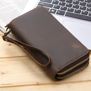 Customized Logo Crazy Horse Leather Clutch Ladies Men Real Cow Genuine Leather Zip Long Wallet