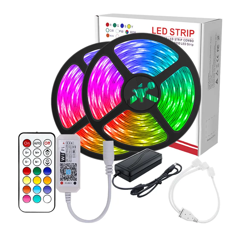 Đầy đủ thiết lập 10m thông minh dải ánh sáng 5050 RGB 60LEDs/M IP20/IP65 & EU/US/UK/AU cắm Power Adapter & LED Wifi mờ điều khiển từ xa