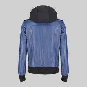 Blouson aviateur en cuir bleu pour femme avec capuche amovible, vêtement d'extérieur décontracté élégant, style vintage streetwear - Product Image 3