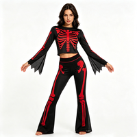 Halloween Skelett-Kostüm für Damen, Rotes Knochenmuster Langarm-Crop-Top und Schlaghose Set, Party-Verkleidung