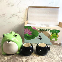 Ensemble de théière chinoise en céramique verte mignonne pour pique-nique, ensemble de théière en forme de grenouille, tasse à thé et théière pour cadeau d'enfant ou d'ami