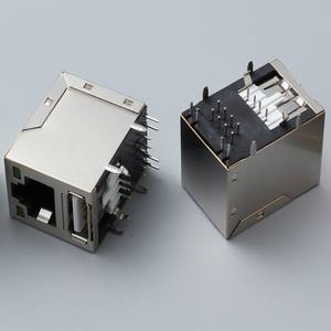 Cổng kết nối mạng RJ45 <span class=keywords><strong>USB</strong></span> 2 cổng Jisack, đầu nối thẳng cong, màu trắng, nhựa, dạng ngang, loại cái, gắn PCB - Product Image 1