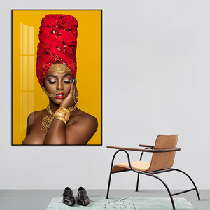 Femme noire en rouge foulard couronne afro-américain mur Art décor toile conçue sur toile affiche peinture - Product Image 3