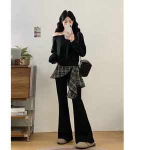 Women's Off-Shoulder Sweatshirt Plaid Patchwork Flared Pants Two-Piece Set Casual Knitted Outfit Black Brown Option - Product Image 1