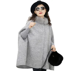 New Designer Acrylic And Rayon Blended Fur Trim Winter Knit Oversized Ladies Coat