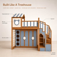 Lit mezzanine pour enfants en bois massif avec escalier, design cabane, fenêtre ronde à oreilles d'ours, portes d'armoire cintrées, barrières de sécurité et tiroirs