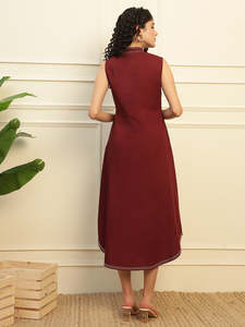 Solid Cotton Tucks A-Line Shirt <b>Dress</b> for Women Mandarin Collar <b>Sleeveless</b> Ankle Length Regular Fit <b>Summer</b> Western Party Casual - Product Image 4