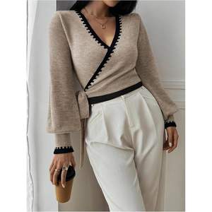 Pull court élégant en maille à manches longues et col en V avec ceinture, manches lanternes, pour femme – Idéal pour le bureau en automne - Product Image 4