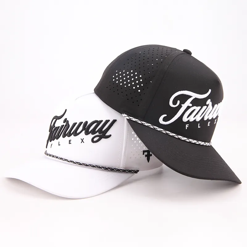 Custom 5 Panel Waterproof Laser Cut Drilled Hole Perforated Sports Running Hat Flat Brim Embroidery Golf Rope Baseball Cap