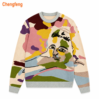 Designer-Pullover für Herren Unisex Künstlerischer Retro Abstrakter Gesichts-Colorblock Langarm Rundhals Gestrickter Pullover