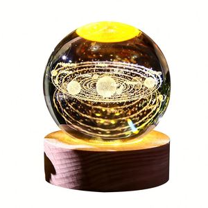 3D Laser Engraved Crystal <b>Ball</b> Night Light USB <b>LED</b> Desk Lamp with Wooden Base, Romantic Gift for Her, Moon Galaxy Theme, - Product Image 1