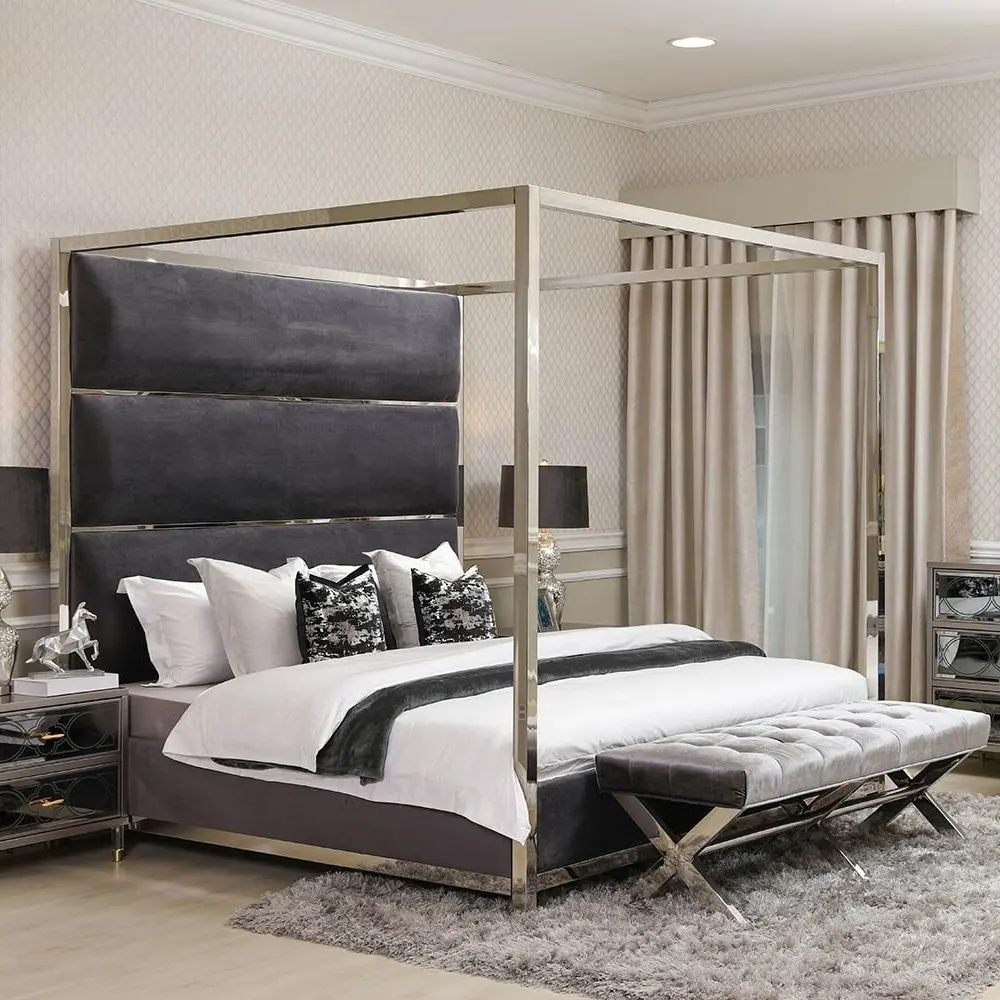 Marco de cama con 4 dosel de Metal, marco de cama completo dorado, blanco, negro, doble, CA, King, venta directa de fábrica