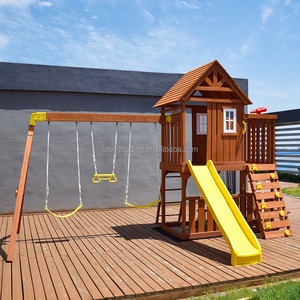 Columpio de madera con tobogán, casita de juegos y escalera de escalada – Parque infantil seguro para exteriores para niños, conjunto de juegos combinado - Product Image 6