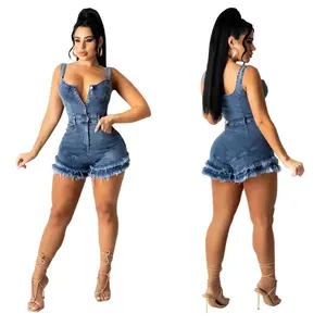 Romper jins pendek wanita, Jumpsuit Denim satu potong Bodycon seksi Halter Jeans tanpa lengan trendi musim panas untuk wanita