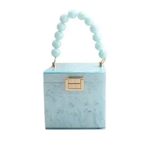 Luxury fashion blue marble pattern evening handbag bead handle high quality clutch square acrylic bag with lock