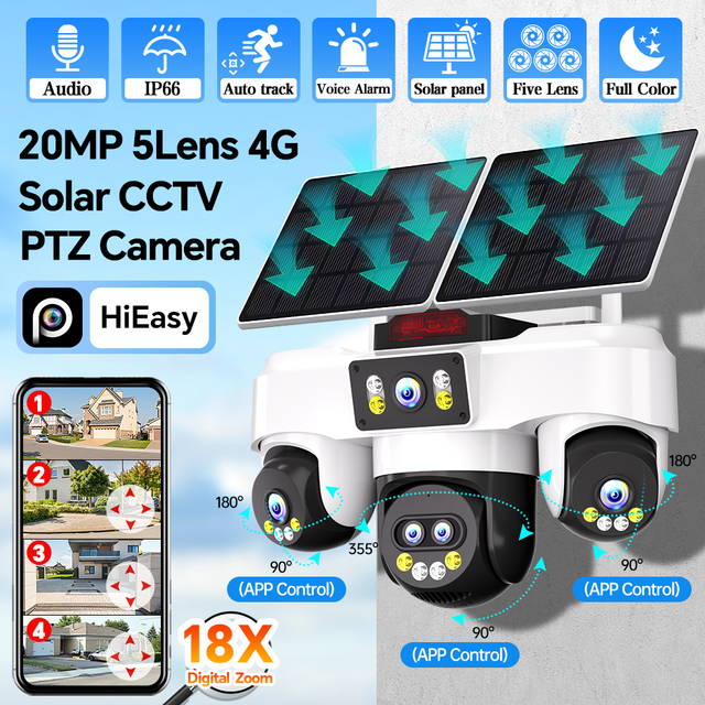 China Factory OEM 5 Lens 4 Screen Solar 4G PTZ AOV CCTV Camera 20MP Human Tracking Voice Alarm Outdoor Wireless Security Camera