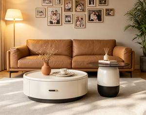 Modern <b>Round</b> Coffee <b>Table</b> Set Resin Top Minimalist Design <b>White</b> Black Storage Living Room Furniture - Product Image 1