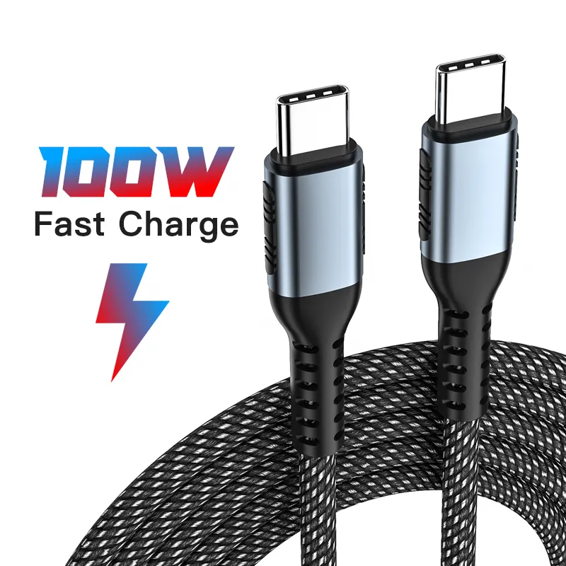 100W USB C to C Cable 5A E mark Quick Charging Data Cable Type C Nylon Braided Cord Fast PD Charging For MacBook Laptop Cable