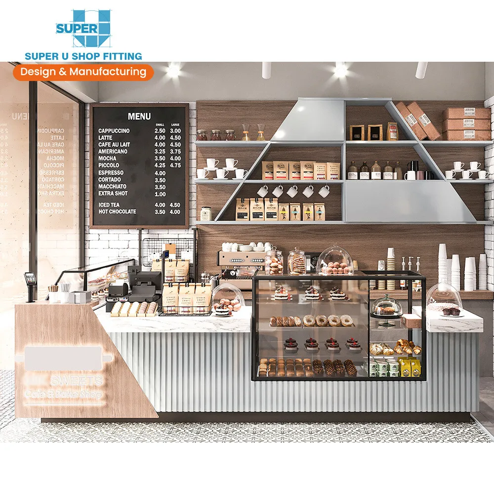 Benutzer definierte Cafe Shop Möbel Design Trendy Holz Bäckerei Shop Passend für moderne Coffee Shop Bar Counter für Süßigkeiten