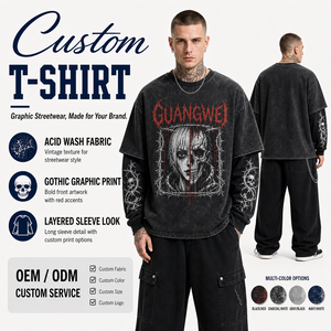 T-Shirt Personalizzata a Maniche Lunghe per <span class=keywords><strong>Uomo</strong></span>, Stile Gotico Streetwear, Cotone Pesante con Grafica, Produzione su Misura - Product Image 1