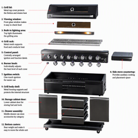 Barbecue à gaz en acier inoxydable noir à 6 brûleurs, cuisinière à gaz intégrée pour cuisine extérieure avec brûleur latéral