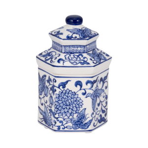 Candela in ceramica chinoiserie con coperchio, design floreale blu e bianco per soggiorno e camera da letto - Product Image 2