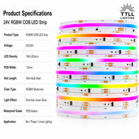 Tira de LED COB RGBW de 24 V, 784 LED/m, 12 mm, Cinta FCOB, IP20, Rollo de 50 m, Fabricante Mayorista para Proyectos Comerciales de Bares y Clubes, CE SASO
