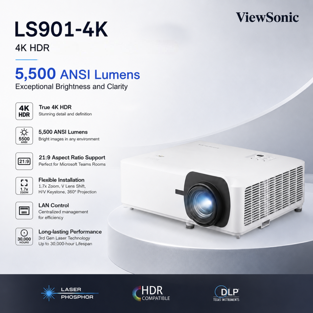 ViewSonic LS901-4K 5500 ANSI Lumens 3840x2160 4KUHD 3D Laser Projector  High Native Contrast Ratio Projectors for Home Theater