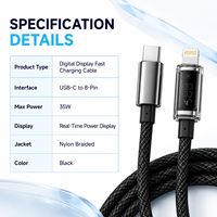 Câble de charge et de données USB-C 35W vers 8 broches avec affichage numérique, moniteur de puissance en temps réel, tressé en nylon, fournisseur en gros