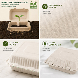 2 Compartment Bagasse Clamshell Food <b>Container</b> Biodegradable Sugarcane Fiber <b>Takeaway</b> Lunch Box Eco Friendly Packaging - Product Image 3
