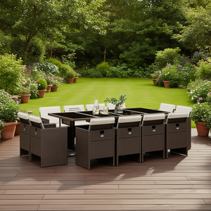 Set da Pranzo da Esterno in Rattan PE Marrone Pieghevole per 12 Persone, Arredamento da Giardino in Stile Contemporaneo con Struttura in Vimini - Product Image 2