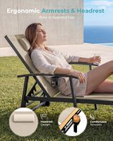 Chaise longue d'extérieur réglable en aluminium avec roulettes, porte-gobelets, inclinaison à 5 positions, capacité de charge de 400 lb, robuste