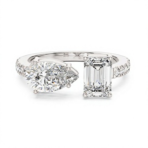 แหวนหมั้นเพชรทรงหยดน้ำและทรงเหลี่ยมมรกตเคลือบทองคำขาว 18K 14K แบบอสมมาตร ประดับเพชรทรงกลมสำหรับผู้หญิง - Product Image 1