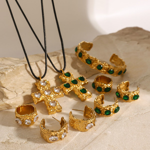 Cross Shape Zinc Alloy Huggie <b>Earrings</b> With <b>Green</b> Stones Party Jewelry Set - Product Image 2