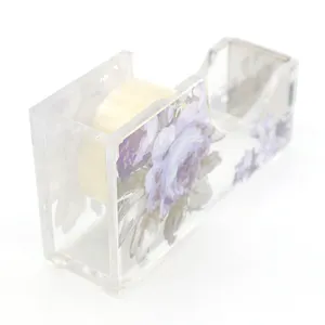 Acrylic adhesive tape holder transparent electroplated metal tape cutter desktop hand tear divider with printed purple flower