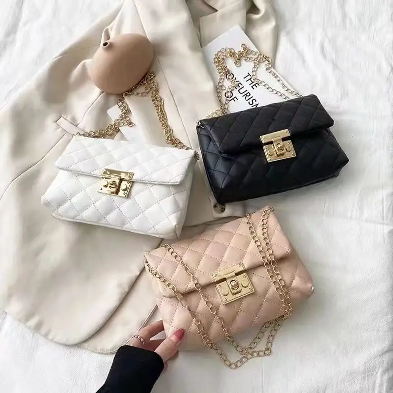 새로운 간단한 패션 다이아몬드 체인 메신저 어깨 가방 중국 도매 PU 여자 가방 커버 유형 잠금 휴대 전화 가방 핸드백