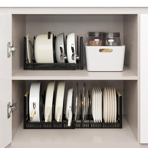 Support de rangement pour casseroles coulissantes rétractables en métal avec poignée en bois, étagère de rangement pour assiettes à vaisselle - Product Image 1