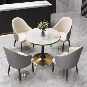 Juego <span class=keywords><strong>de</strong></span> Mesa <span class=keywords><strong>de</strong></span> Comedor Redonda <span class=keywords><strong>de</strong></span> <span class=keywords><strong>Piedra</strong></span> Sinterizada para 4 Personas con Estructura <span class=keywords><strong>de</strong></span> Metal Dorado Estable y Sillas <span class=keywords><strong>de</strong></span> Cuero PU para Uso en el Hogar y Cafeterías - Product Image 2