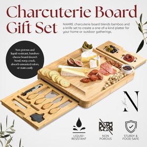 Tabla de charcutería de bambú con 2 cajones, juego de quesos con cuchillos y recipientes para servir en fiestas - Product Image 3