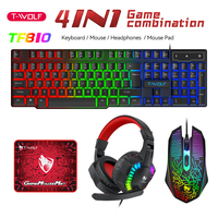 T-WOLF TF810 Ensemble Combiné 4 EN 1 Clavier Souris Tapis de Souris Casque Gaming Filaire
