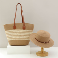 En Gros Chapeau de Paille à Calotte Plate, Sac Fourre-Tout Grande Capacité pour Femme Tendance, Sac de Plage et Ensemble Chapeaux de Paille pour Vacances en Bord de Mer