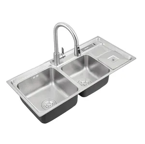 Wastafel dapur wastafel tekan 9243 dengan tempat sampah, mangkuk ganda tahan lama baja ganda mangkuk wastafel dapur dalam dengan saringan