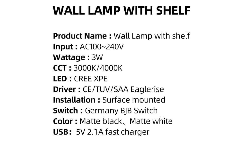Modern Decorative Led Wall Lamp Bedside Light With  U-Shaped Storage Table With USB Charger For Bedroom