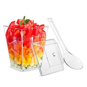 Hot Sale Low Price 160ml 5.5oz PS Plastic Clear Square Ice Cream Dessert Cups with Lids and Spoons