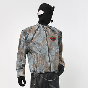 Veste en jean vintage Y2K pour homme DiZNEW, effet délavé et peinture éclaboussée, col montant, fermeture éclair, style <span class=keywords><strong>moto</strong></span> streetwear, vente en gros - Product Image 2